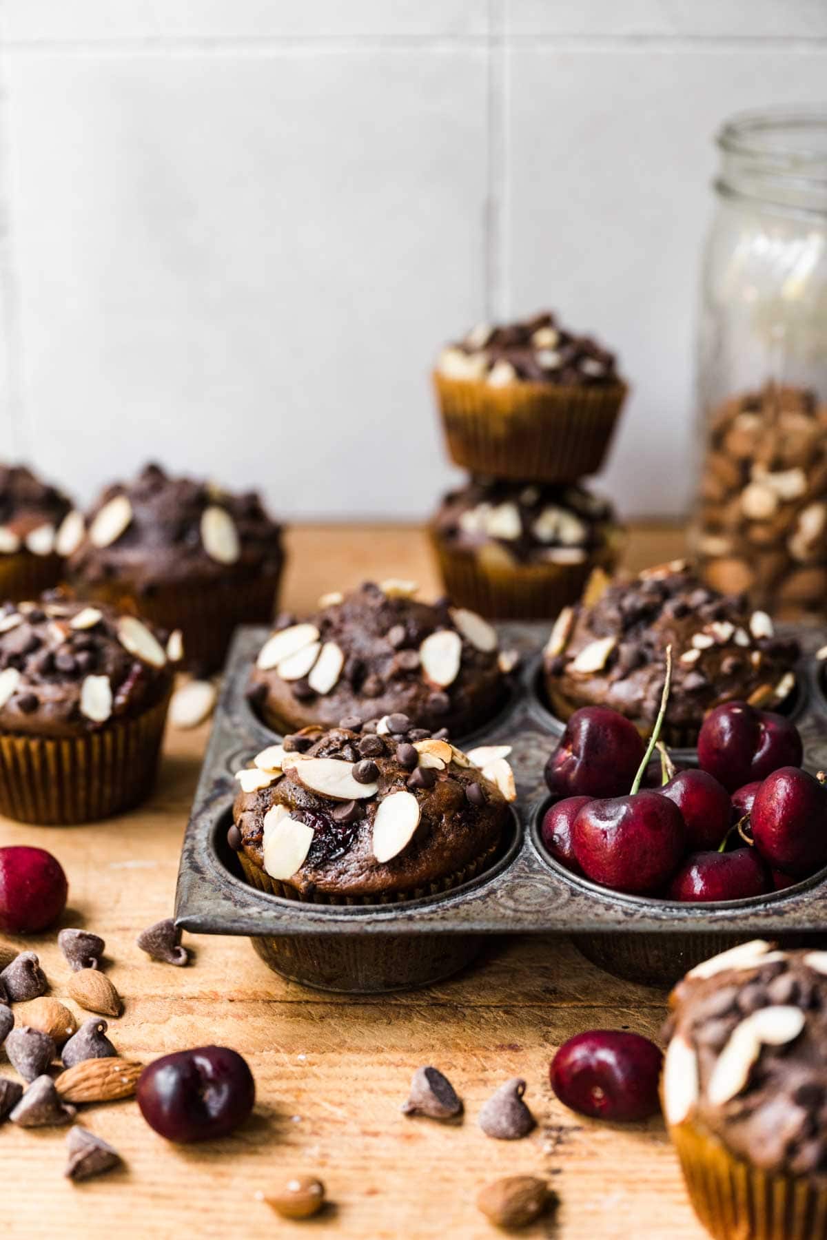 Almond Cherry Chocolate Muffins in muffin pan