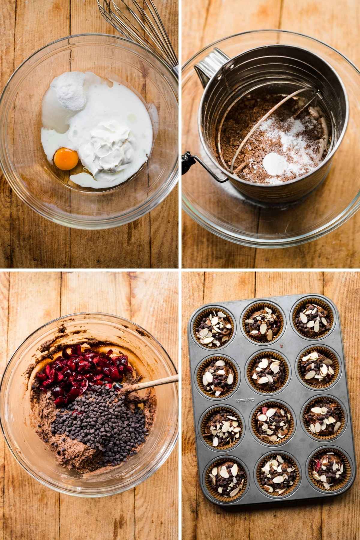 Almond Cherry Chocolate Muffins collage of prep steps