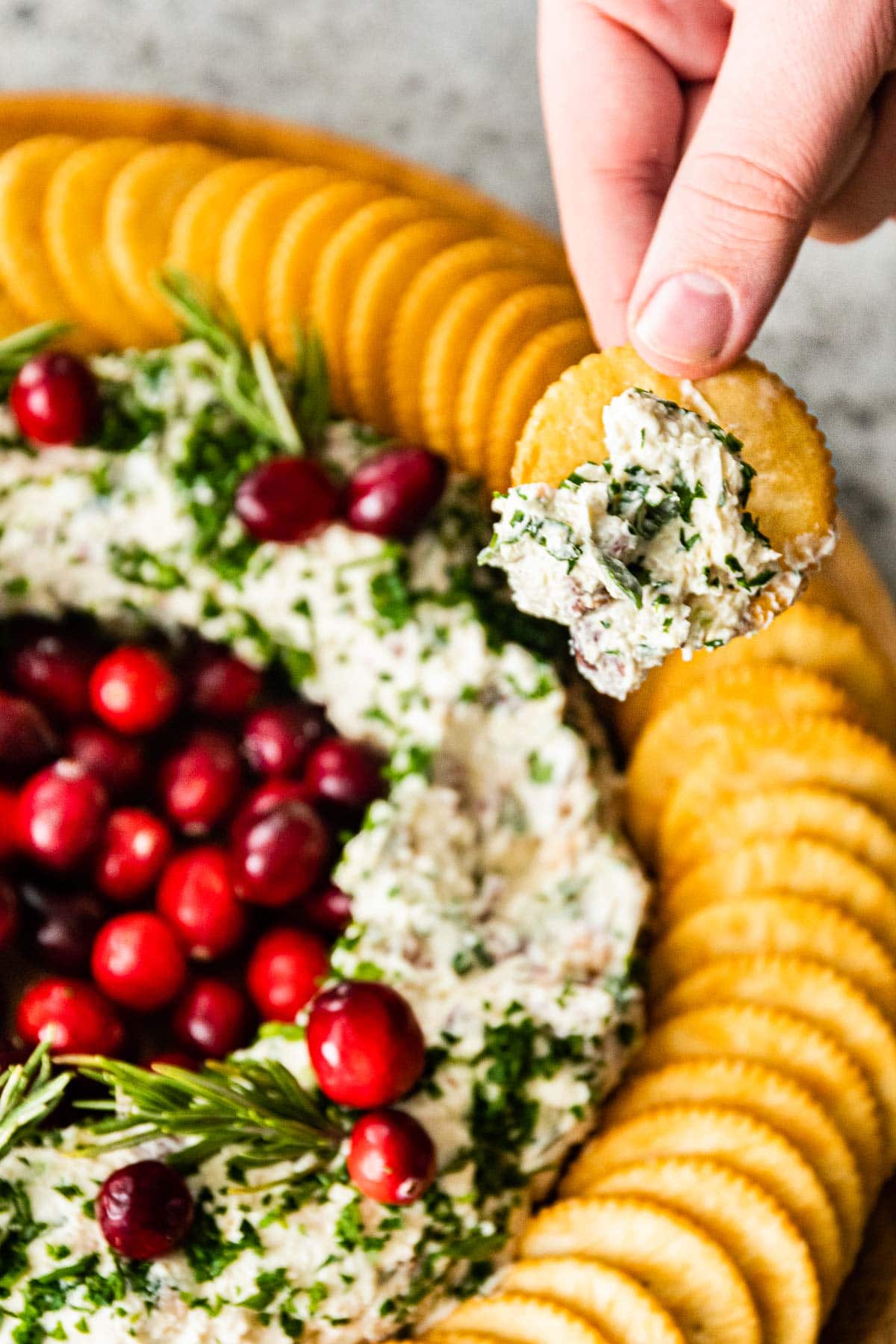 Bacon Cheese Wreath on serving platter with dipped cracker