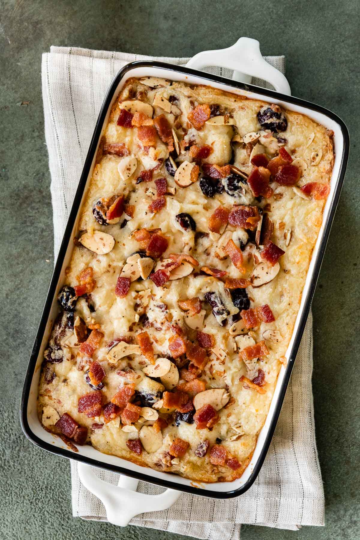 Bacon Cranberry Swiss Cheese Dip in baking dish after baking