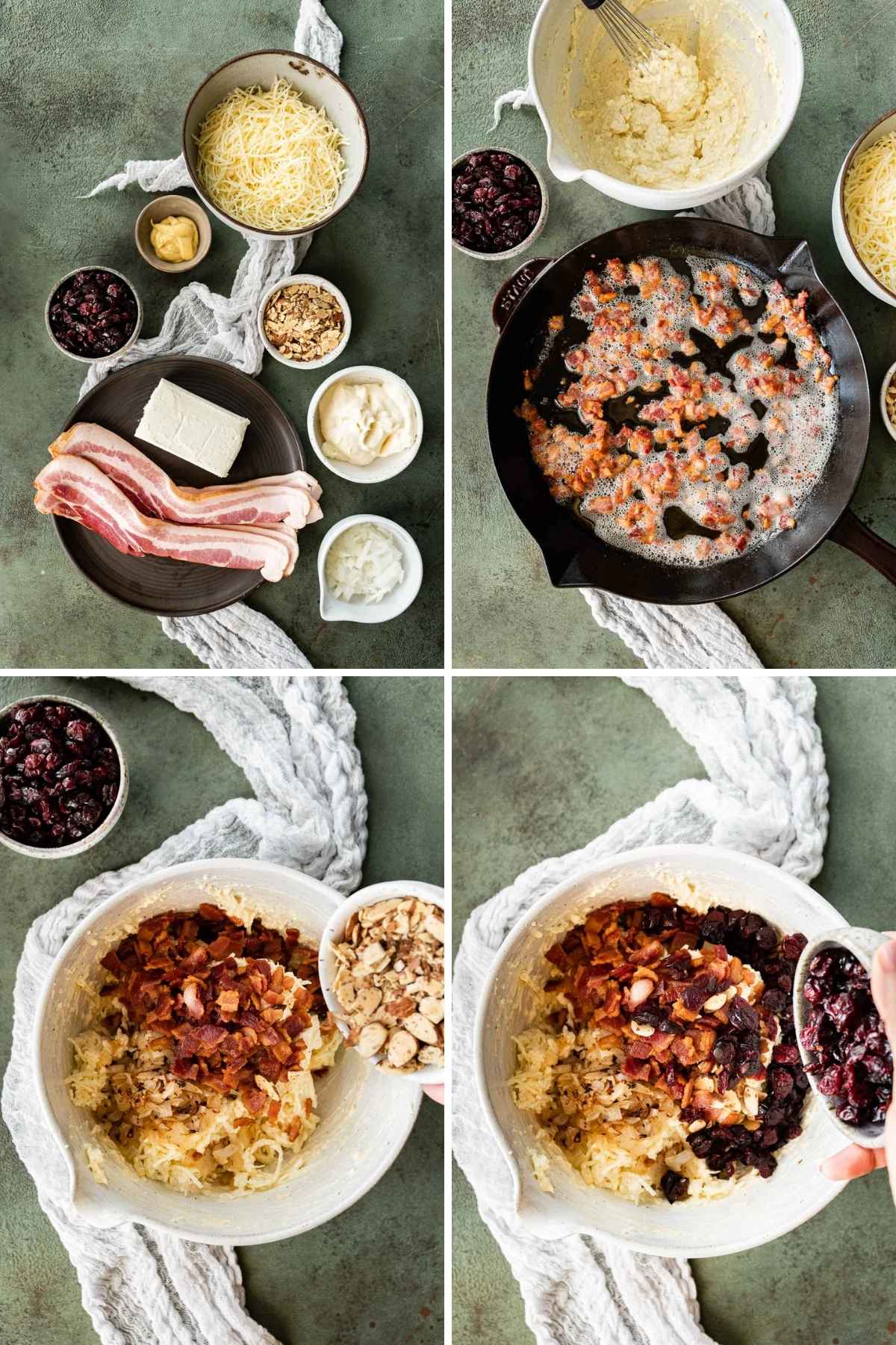 Bacon Cranberry Swiss Cheese Dip collage of prep steps