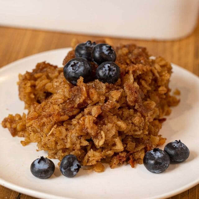 Baked Oatmeal on plate with blueberries