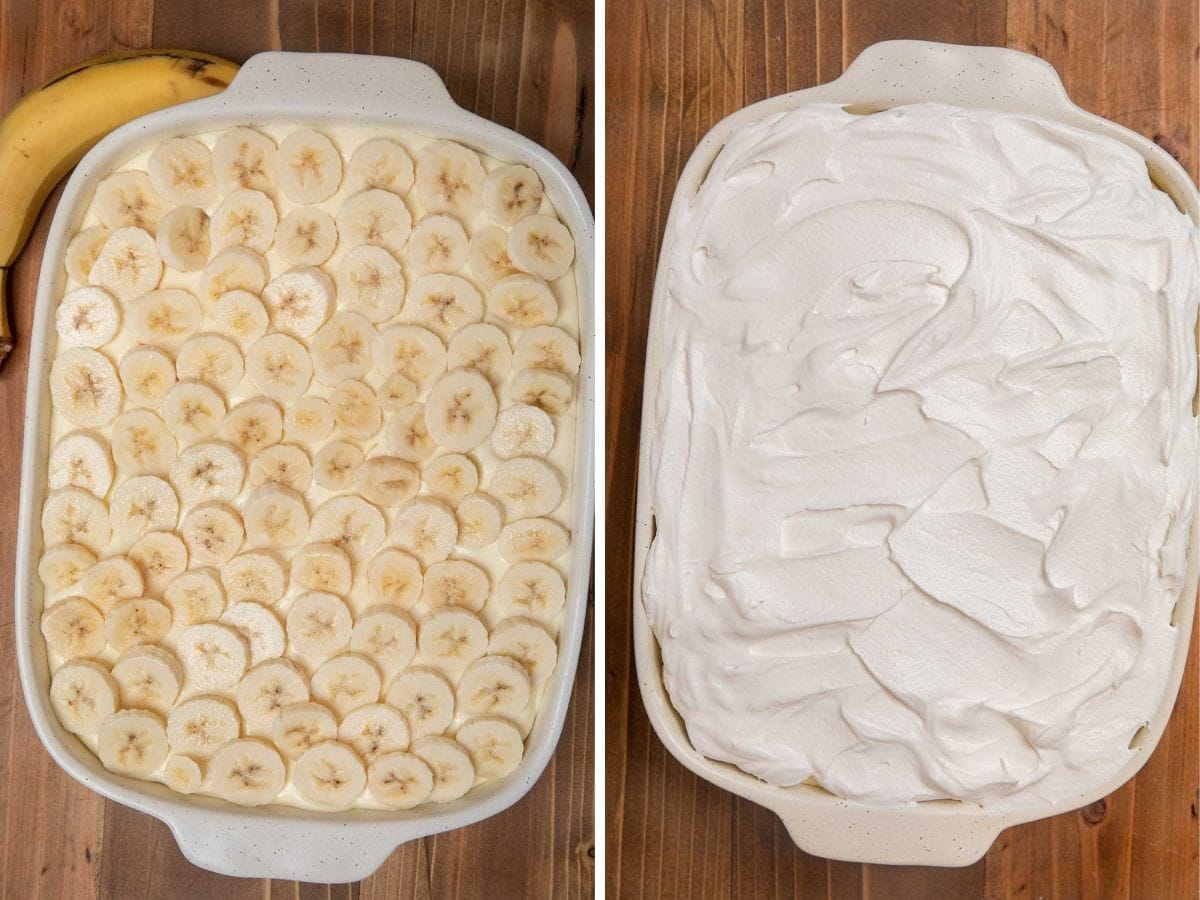 Banana Pudding prep layers in baking dish collage