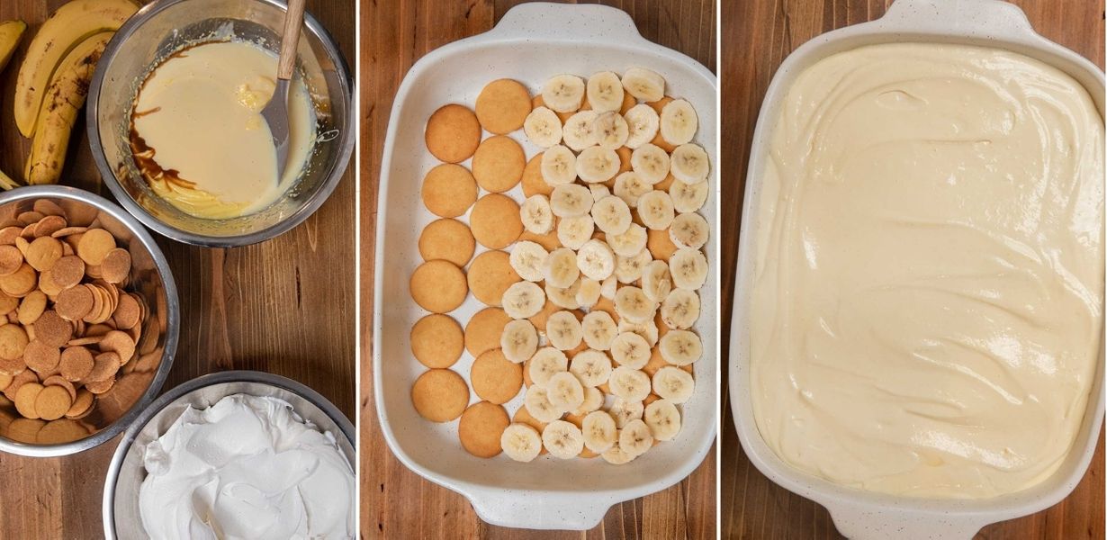 Banana Pudding prep layers in baking dish collage