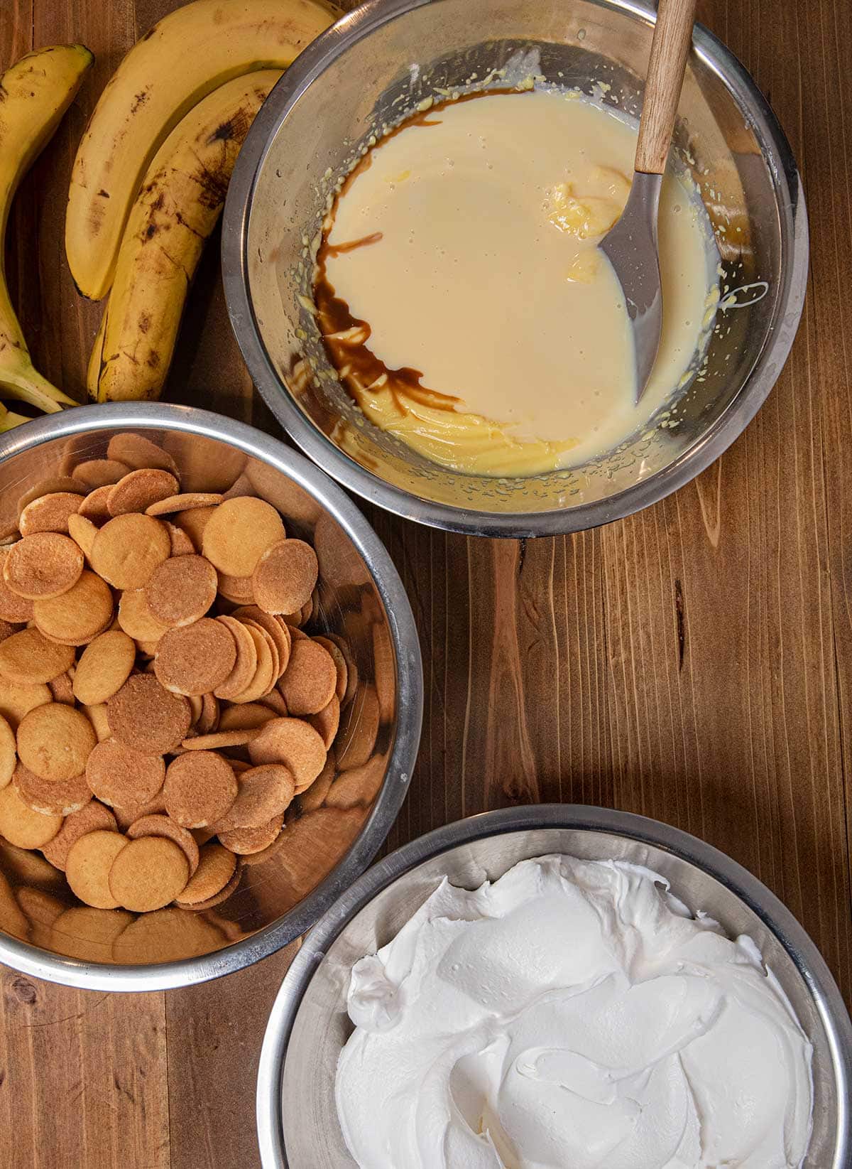 Banana Pudding ingredients in mixing bowls