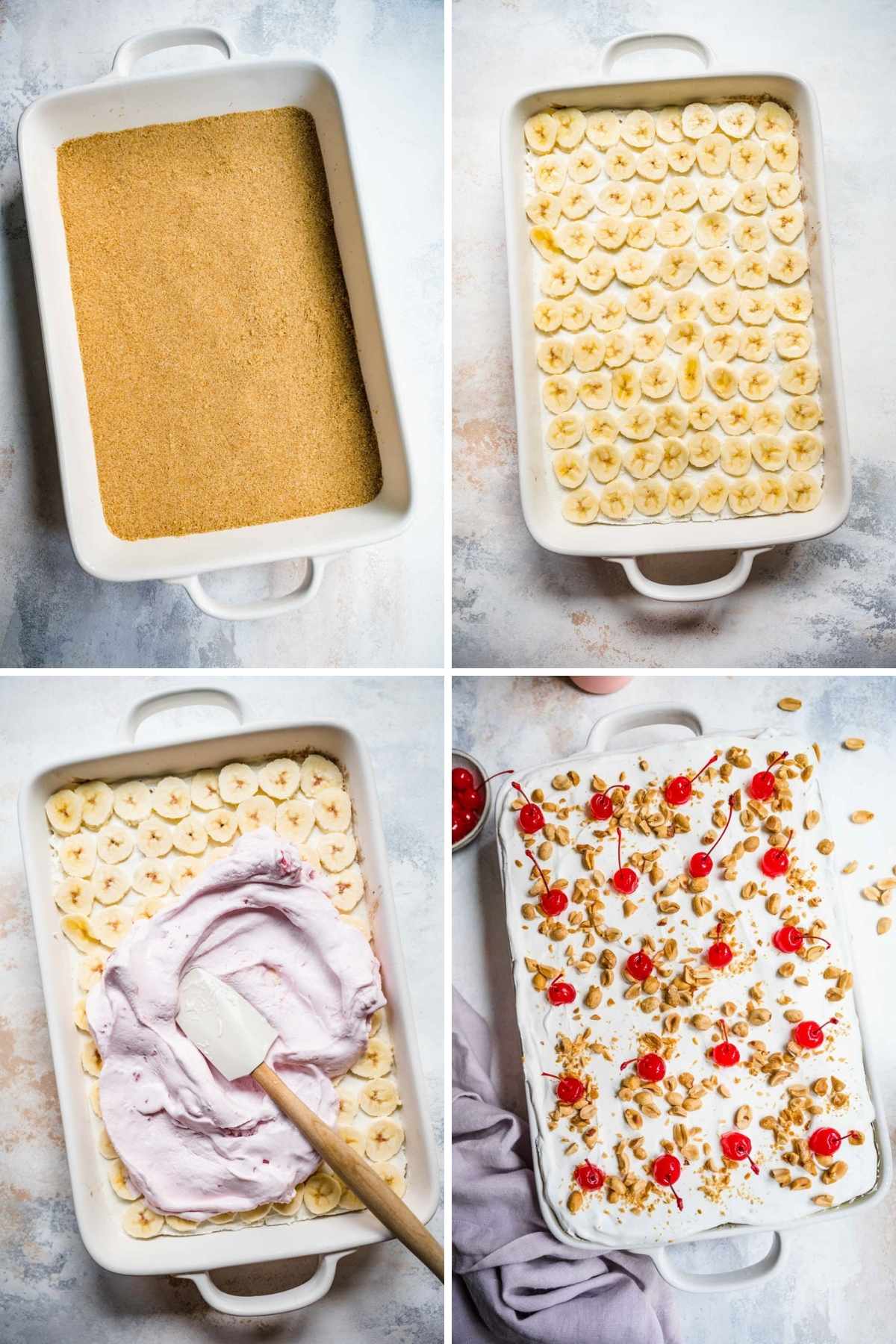 No-Bake Banana Split Dessert collage of assembly steps