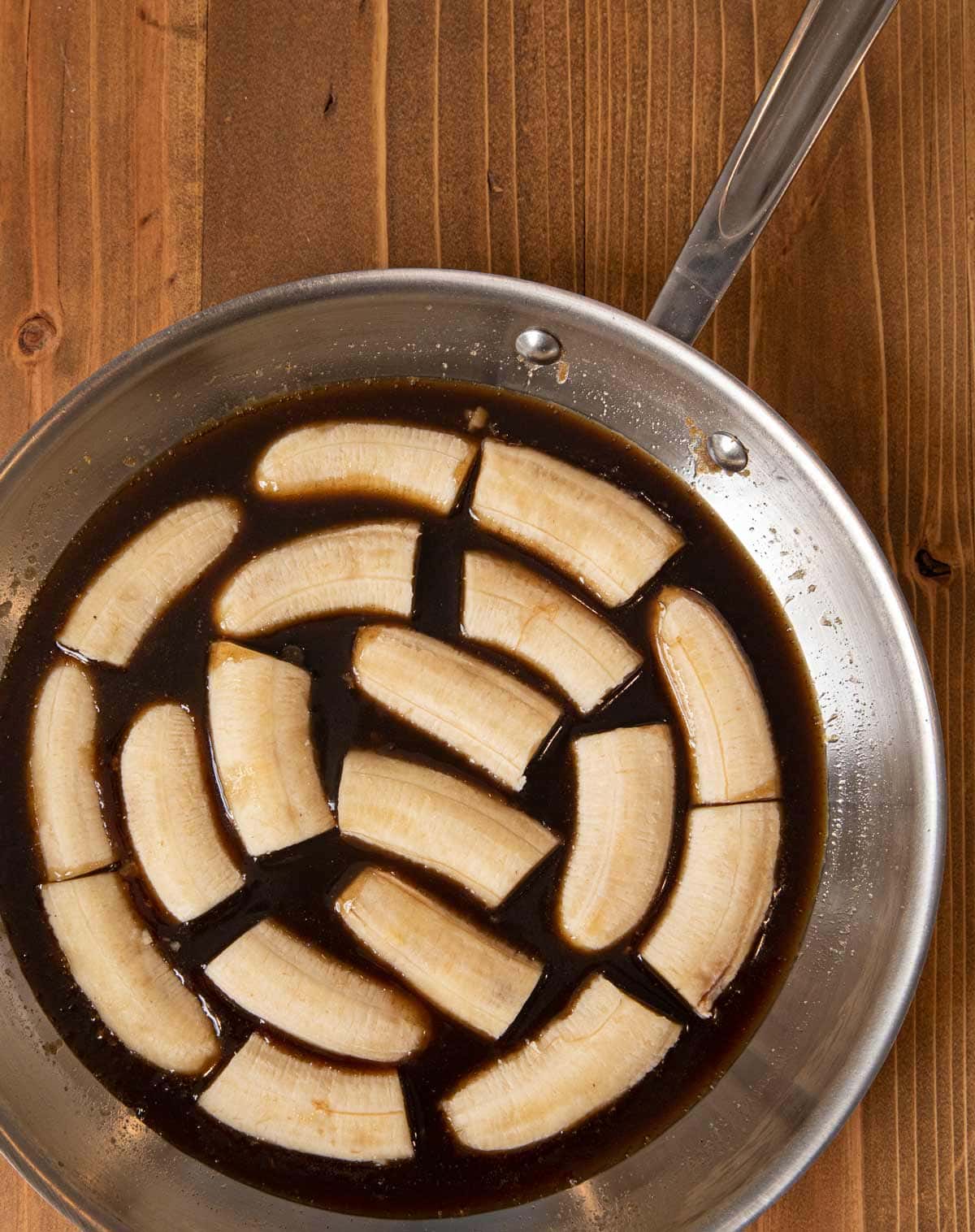 Bananas Foster bananas in saucepan before cooking