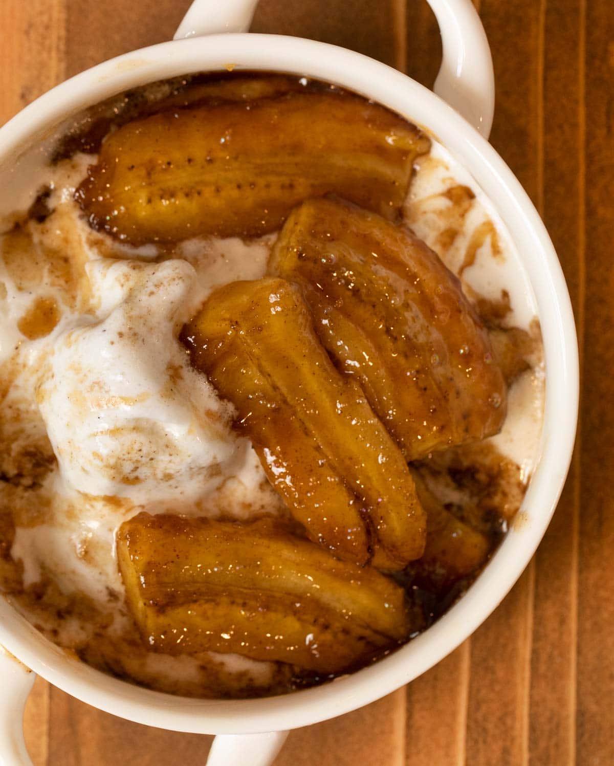 Bananas Foster in bowl with ice cream