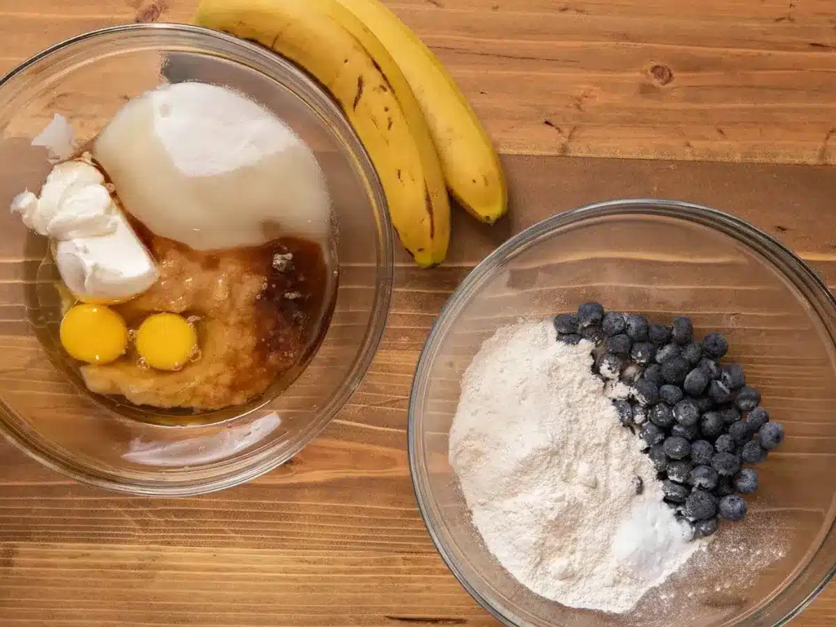 ingredients in two bowls to make bread 