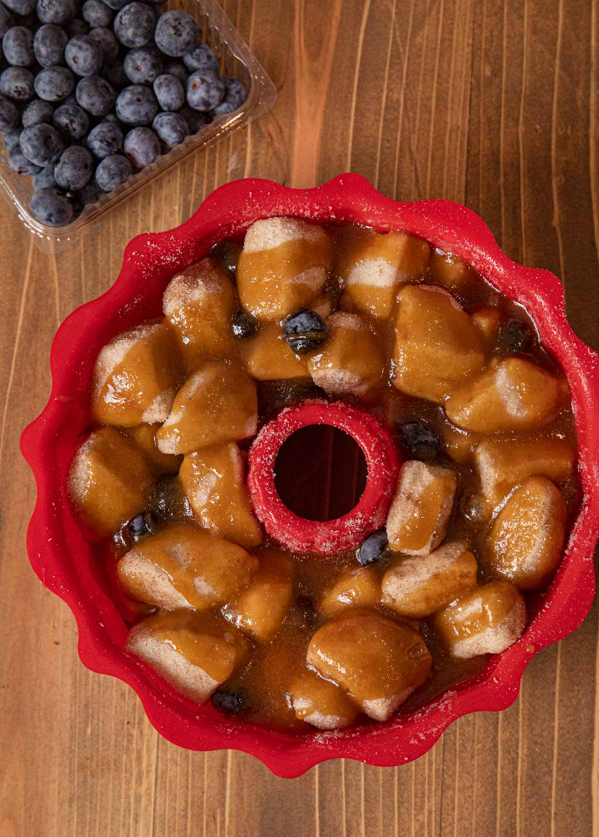 Blueberry Cream Cheese Monkey Bread in bundt pan before baking