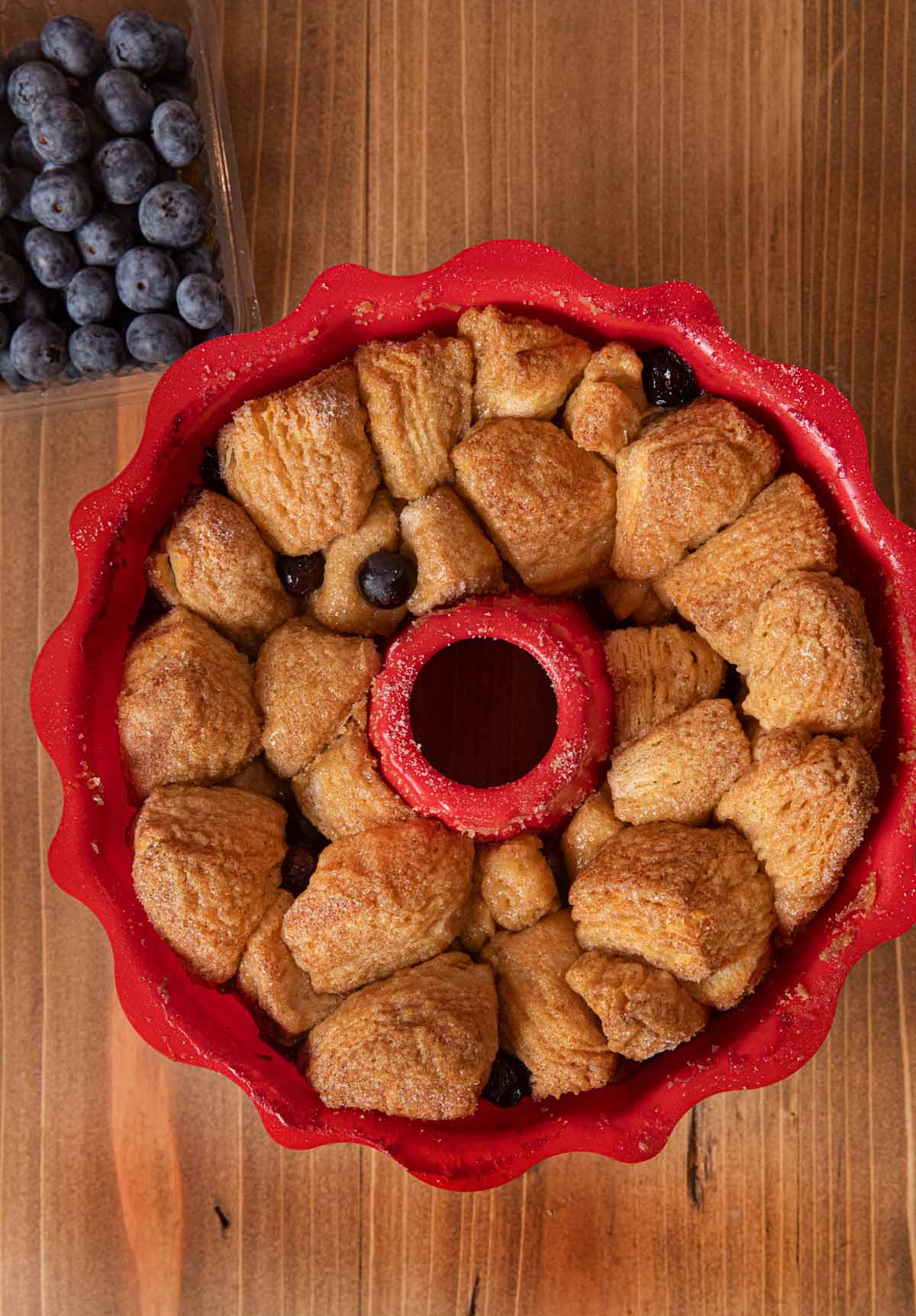 Blueberry Cream Cheese Monkey Bread in bundt pan after baking