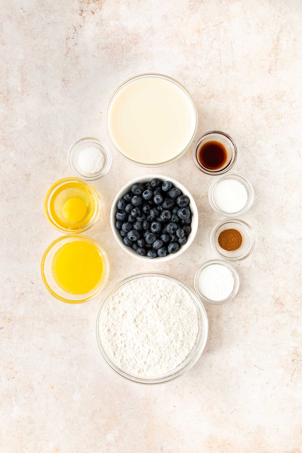 Blueberry Pancakes ingredients in bowls