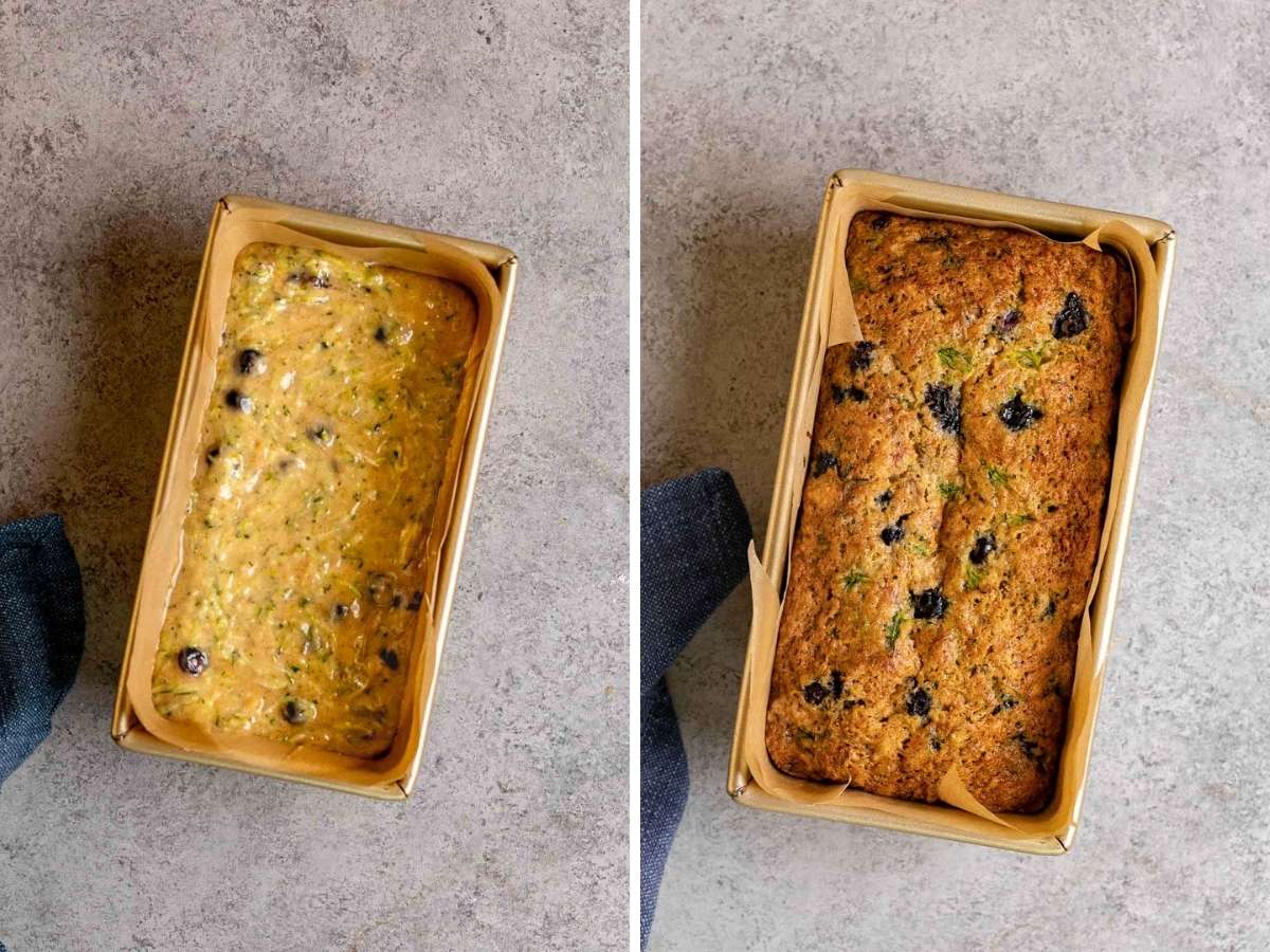 Blueberry Zucchini Bread in loaf pan before and after baking
