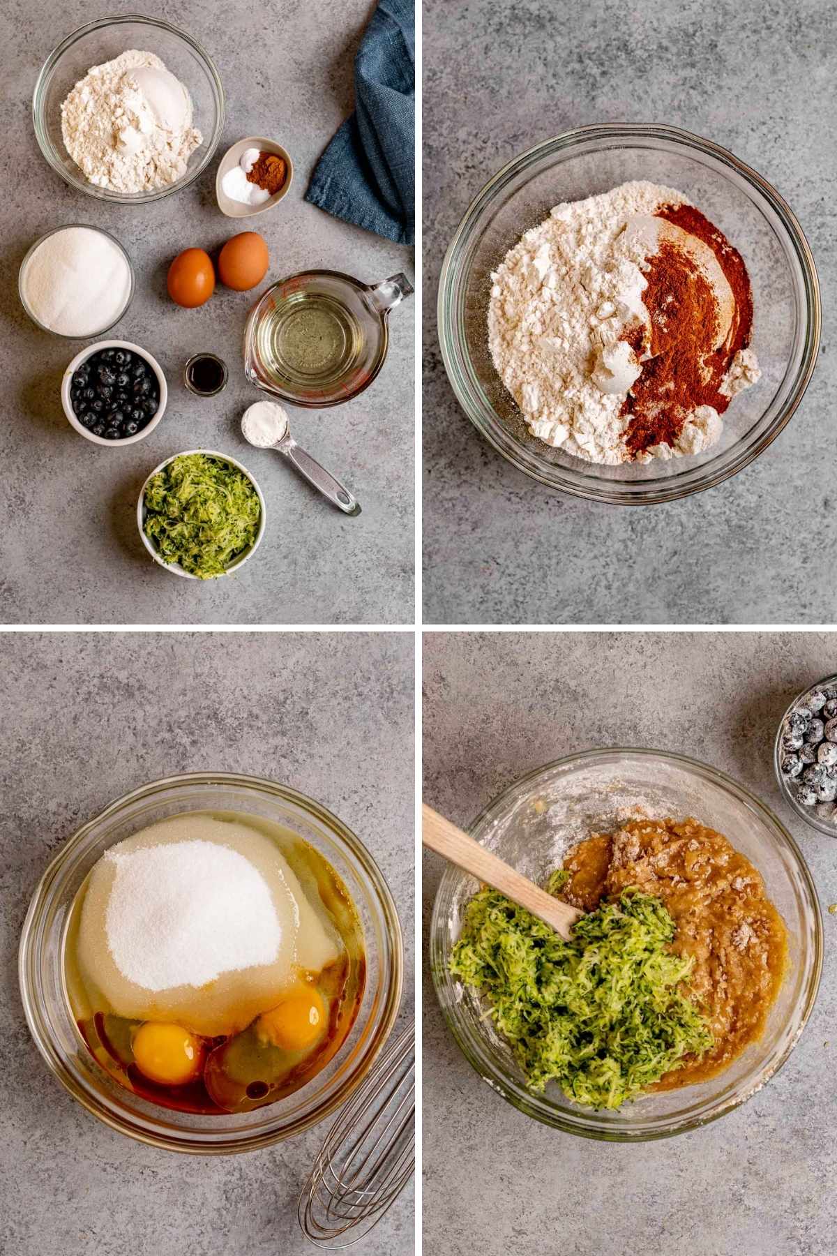 Collage of prep steps for Blueberry Zucchini Bread