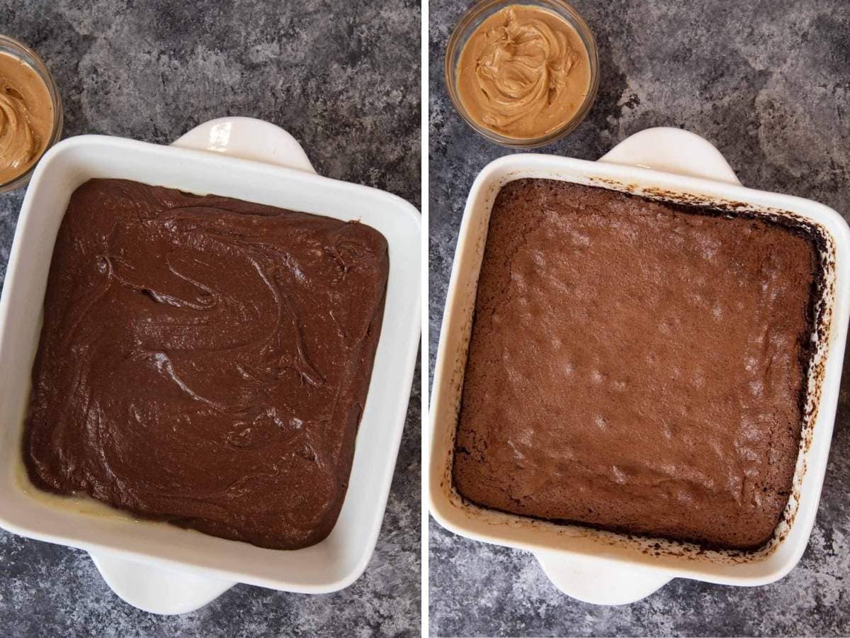 Buckeye Brownies brownie layer before and after baking