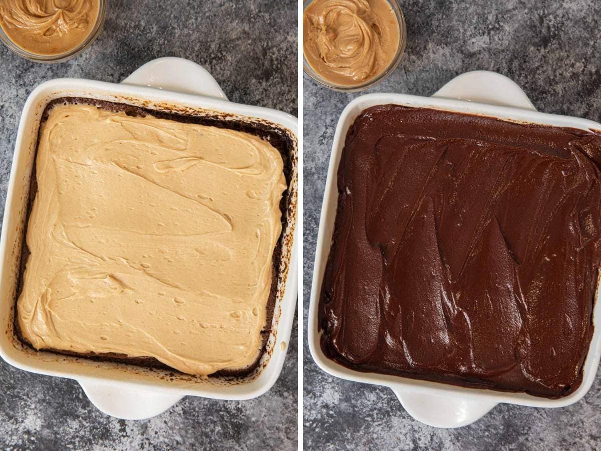 Buckeye Brownies collage of peanut butter layer and chocolate ganache layer