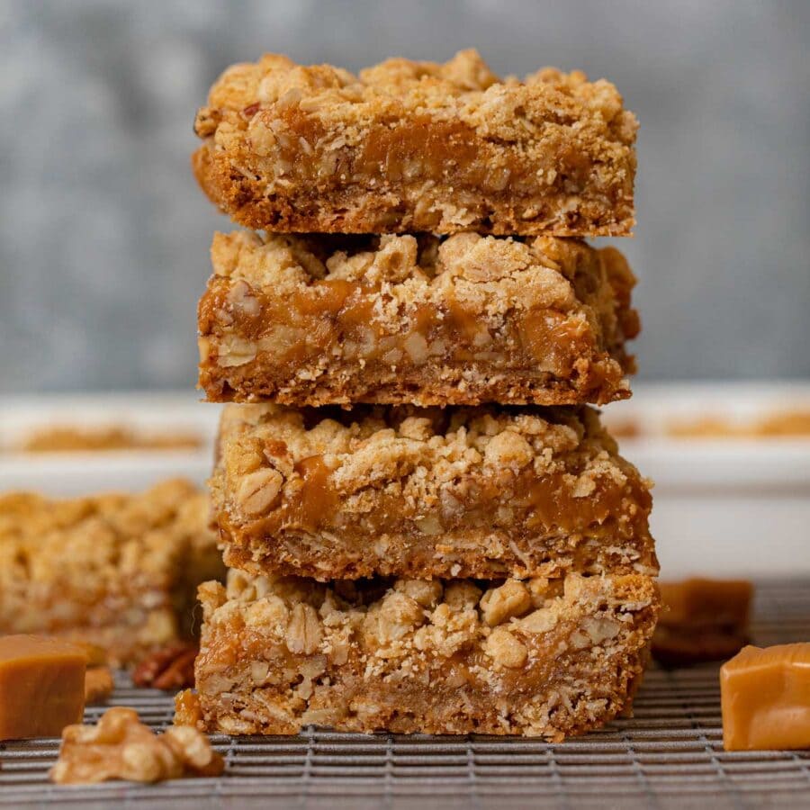 Caramel Nut Crumb Bars in stack