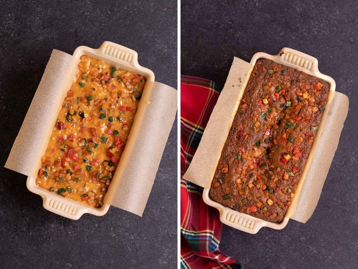 Carrot Fruitcake before and after baking