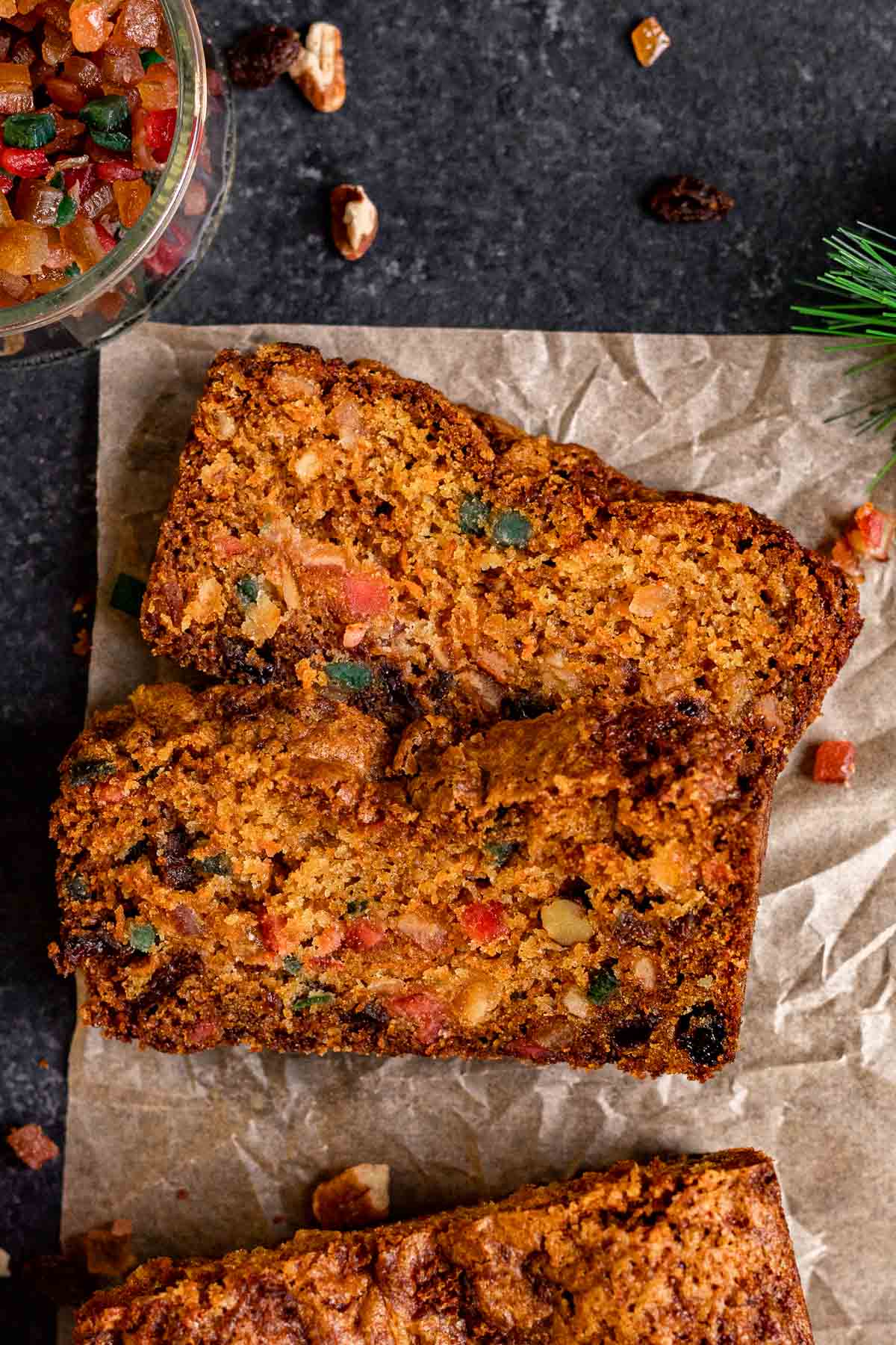 Carrot Fruitcake sliced on parchment