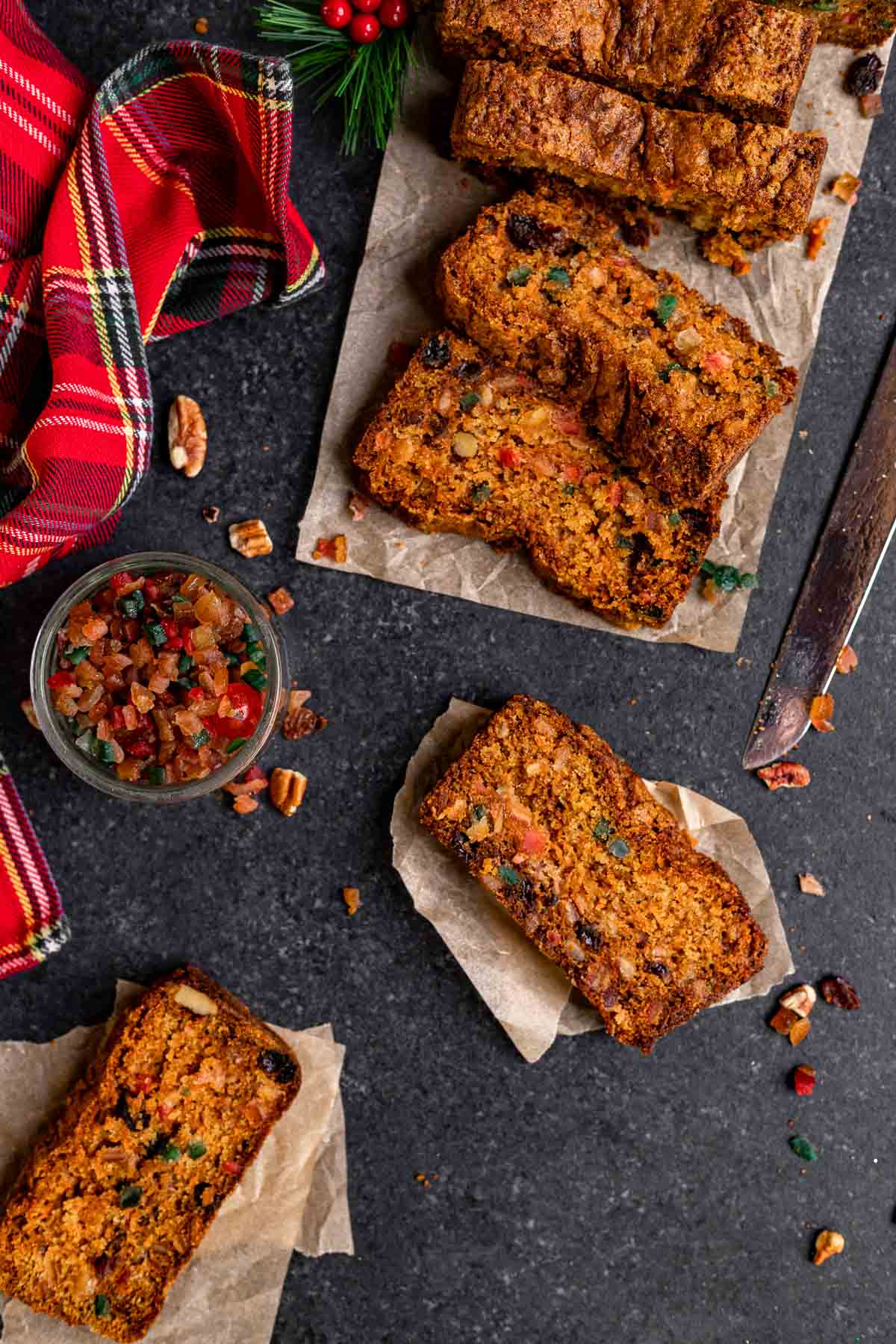 Carrot Fruitcake sliced on parchment