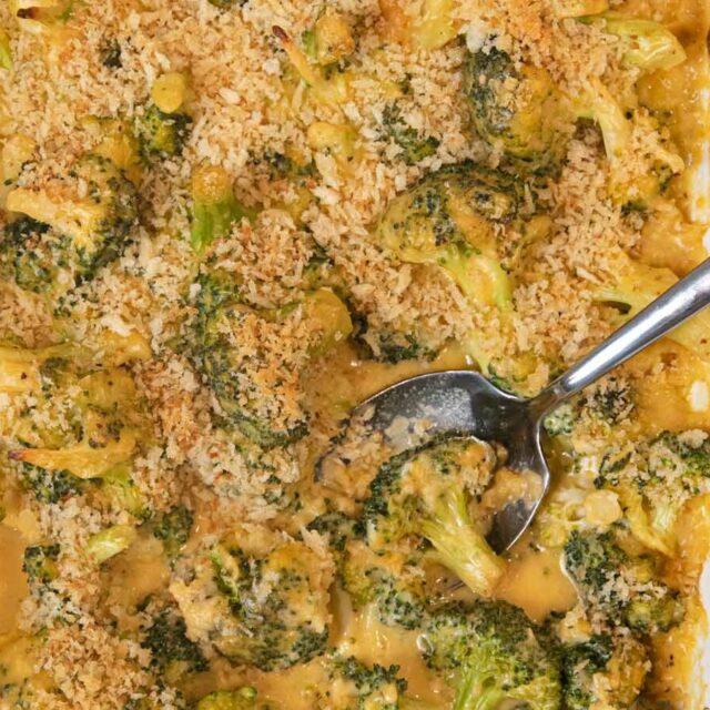Casserole in baking dish with spoon