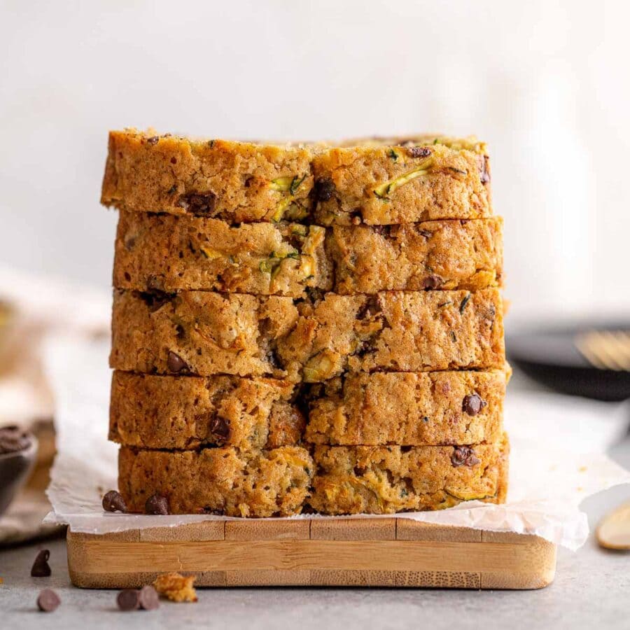Chocolate Chip Zucchini Bread slices in stack