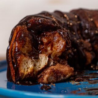 cross-section of Chocolate Monkey Bread on cake stand