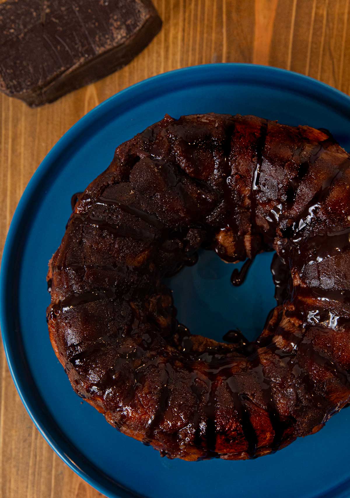 top-down view of Chocolate Monkey Bread on cake stand