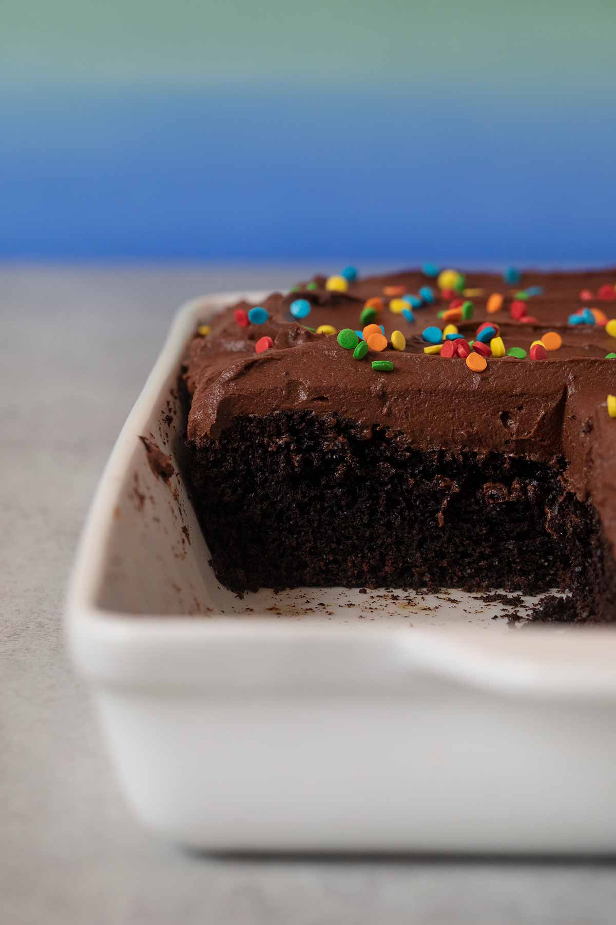 cross-section of Chocolate Sheet Cake in baking dish