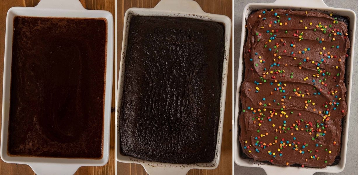 Chocolate Sheet Cake trio of prep steps: batter in baking dish, baked cake in baking dish, frosted cake in baking dish
