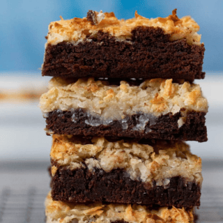 stacked brownies on wire rack