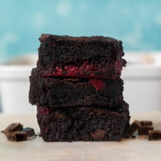 Dark Chocolate Raspberry Brownies in stack