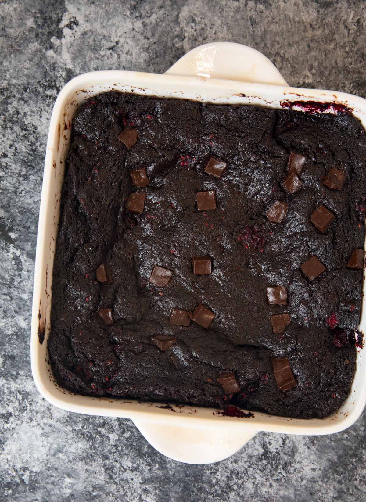 Dark Chocolate Raspberry Brownies in baking dish