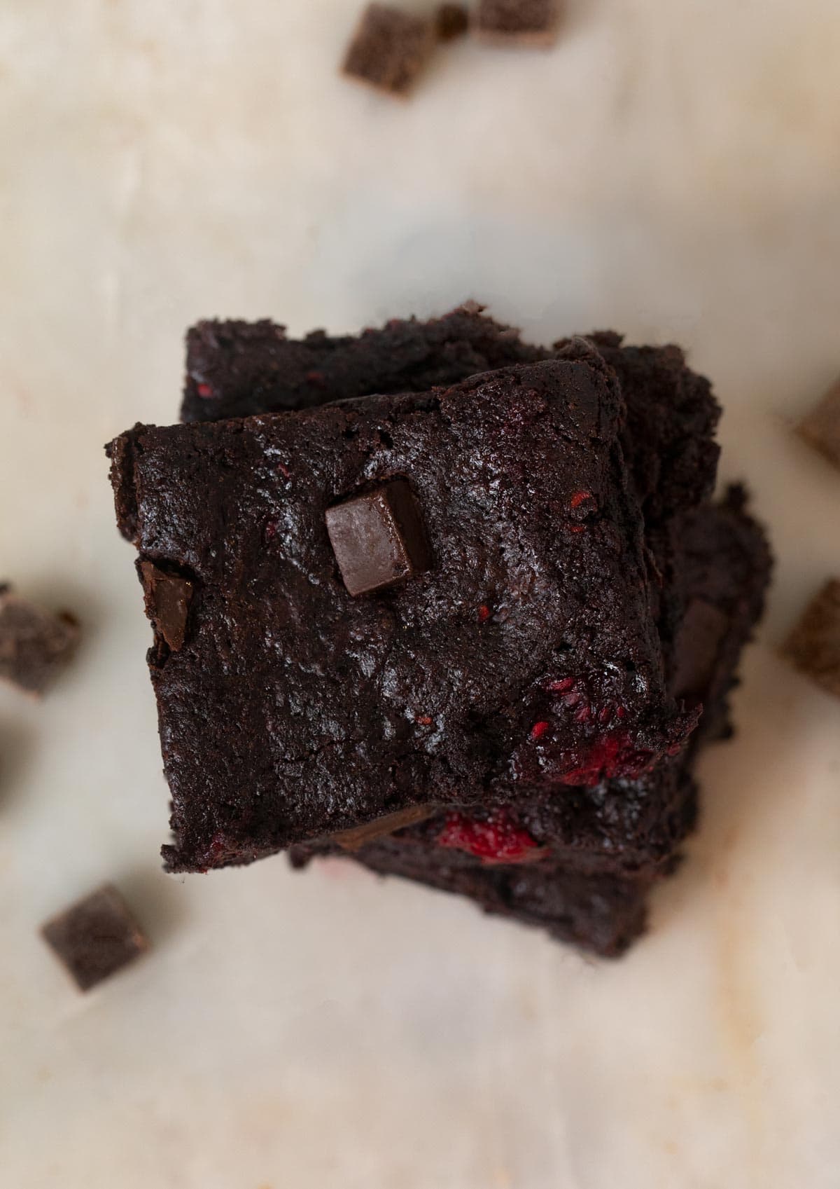 top-down view of Dark Chocolate Raspberry Brownies in stack