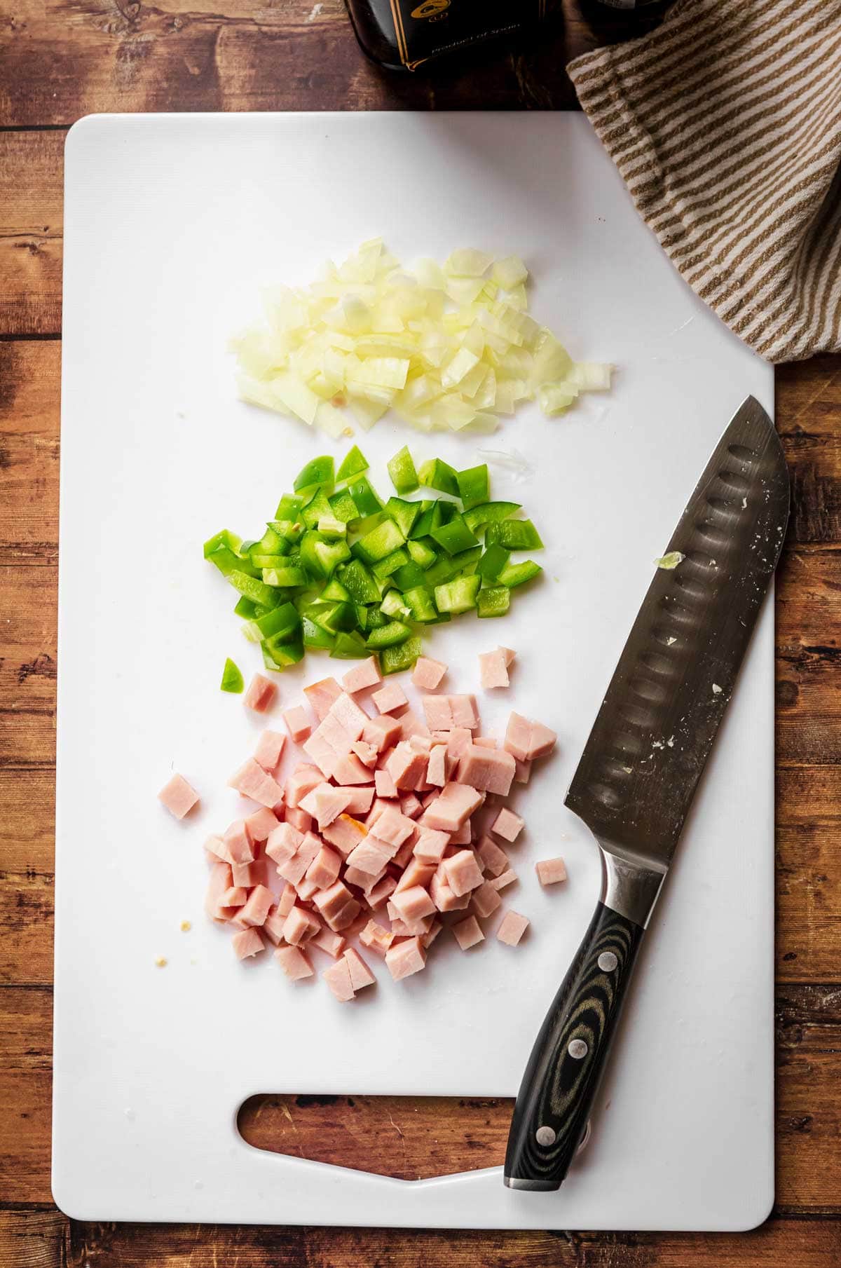 Denver Omelette fillings on cutting board