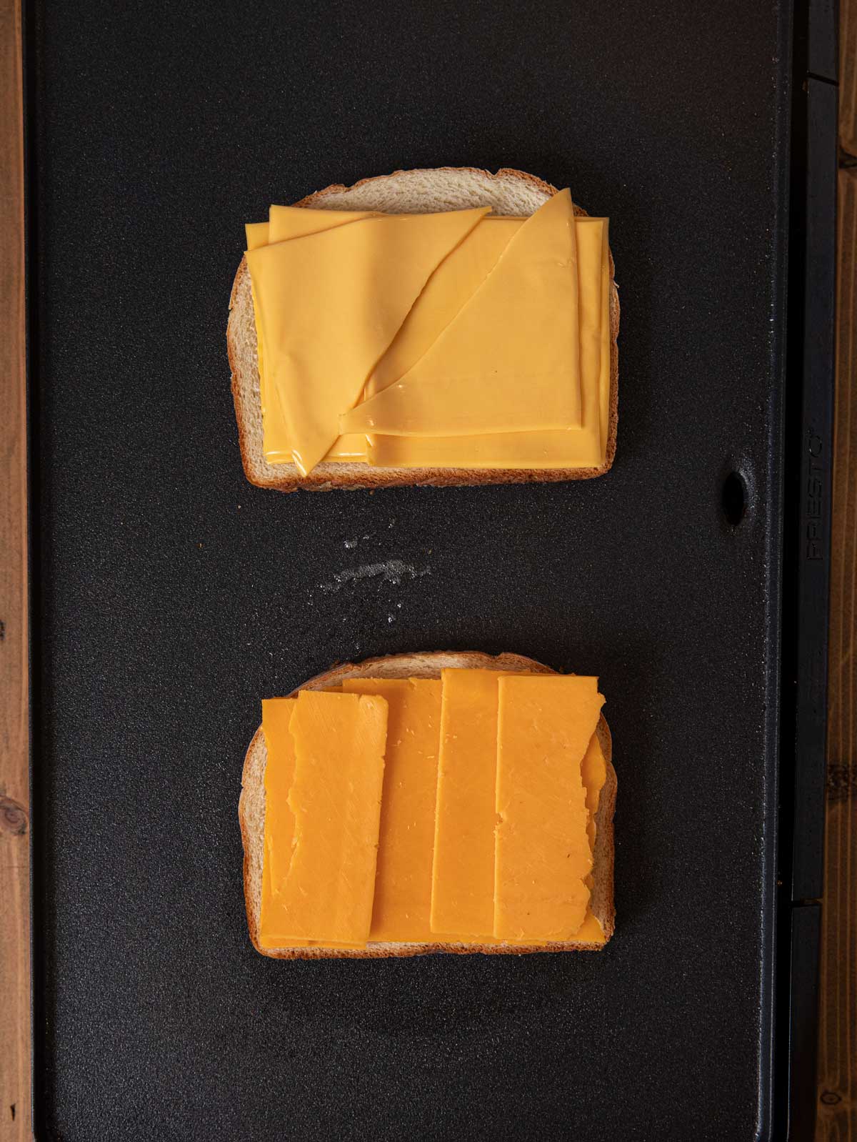 Grilled Cheese Sandwiches open-faced bread and cheese on griddle