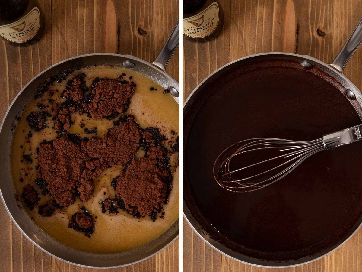 Guinness Chocolate Cake collage of Guinness and cocoa powder in sauce pan