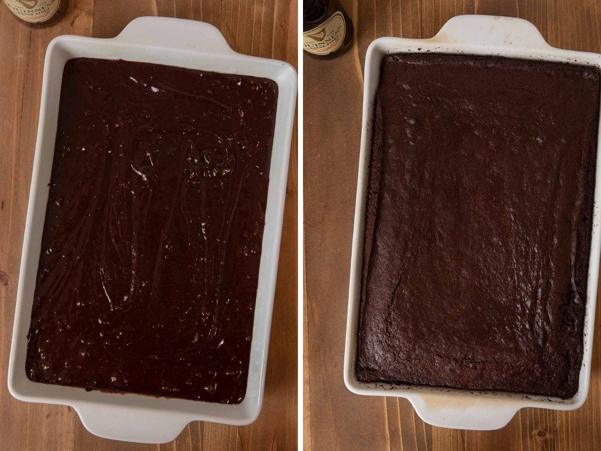 Guinness Chocolate Cake batter in baking dish before and after baking