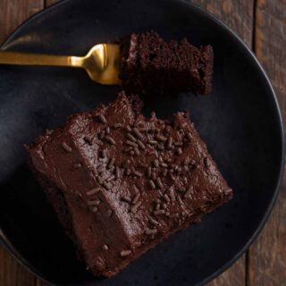 serving of Guinness Chocolate Sheet Cake with bite on fork