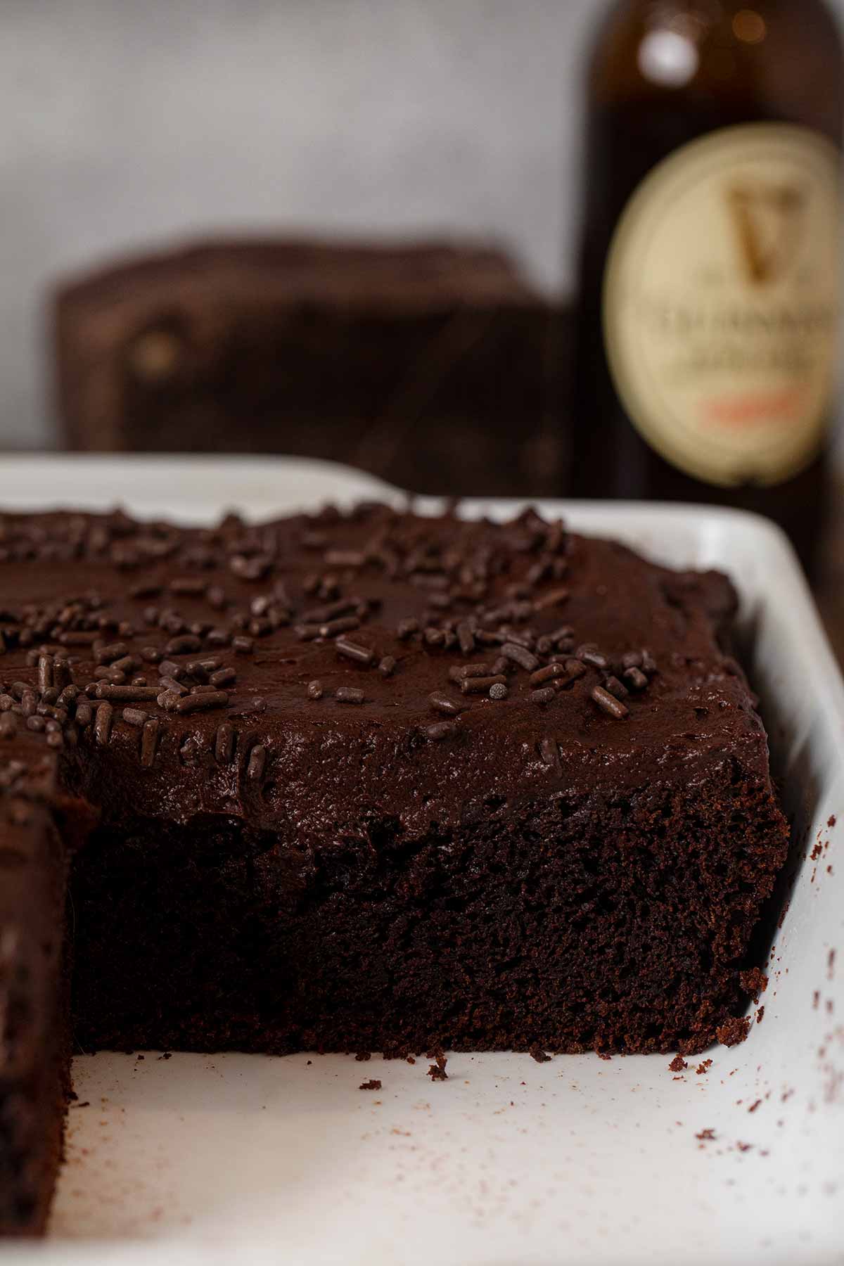 Guinness Chocolate Sheet Cake cross section in baking dish