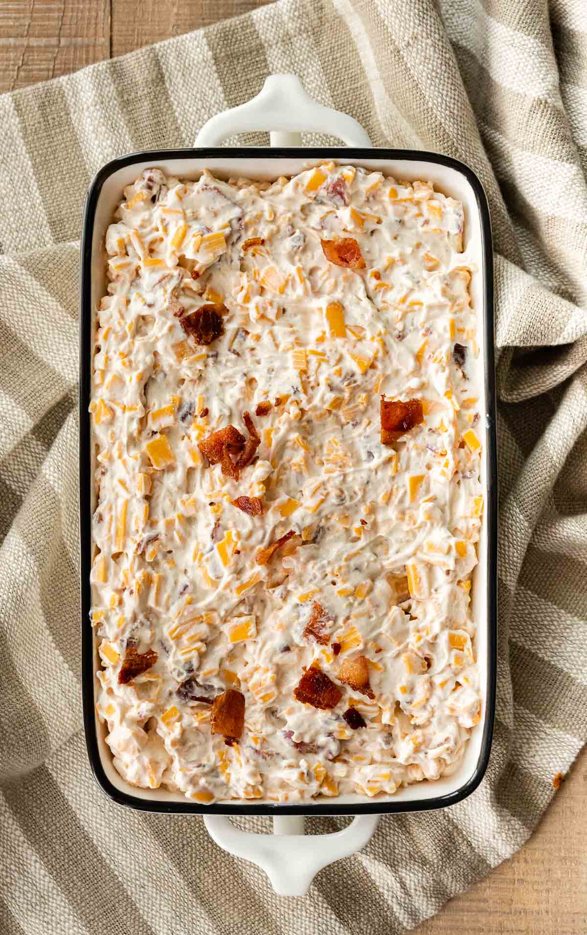 Hot Bacon Cheese Dip in baking dish before baking