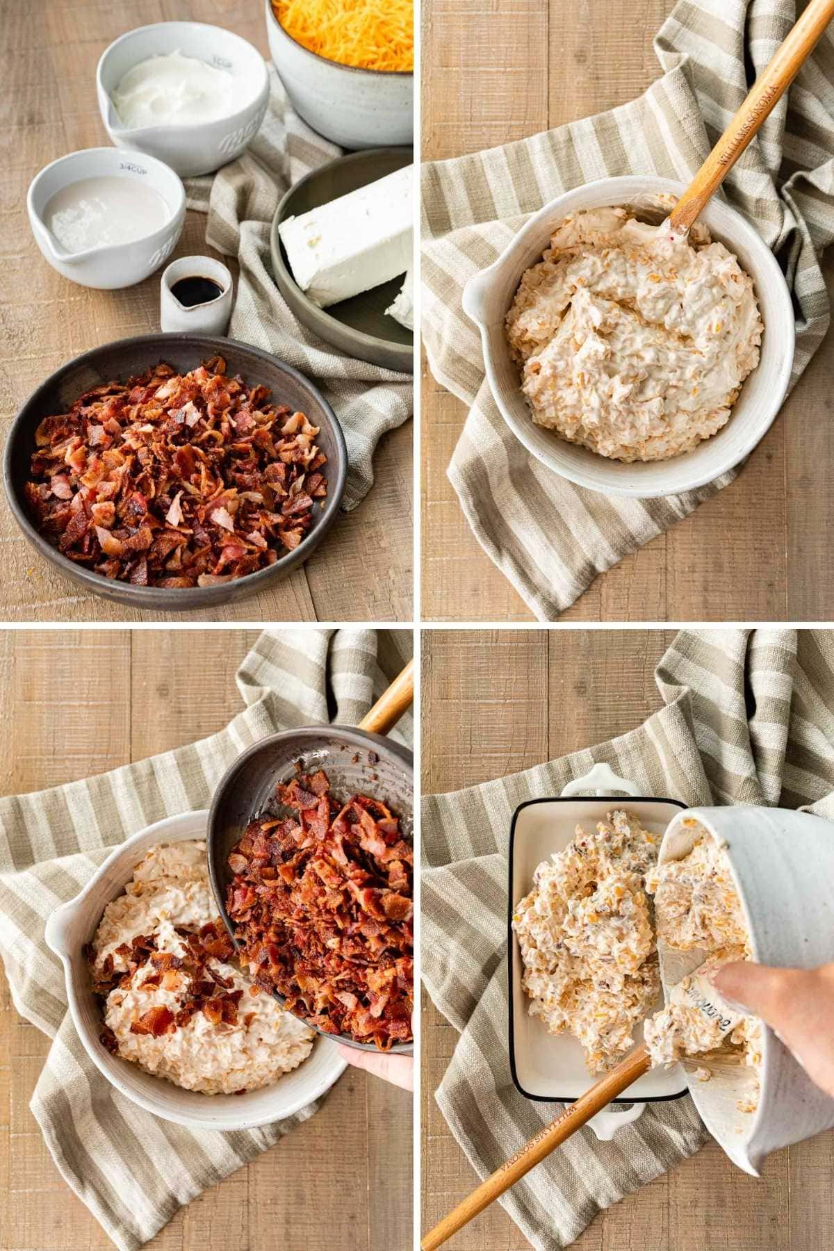 Collage of prep steps for Hot Bacon Cheese Dip