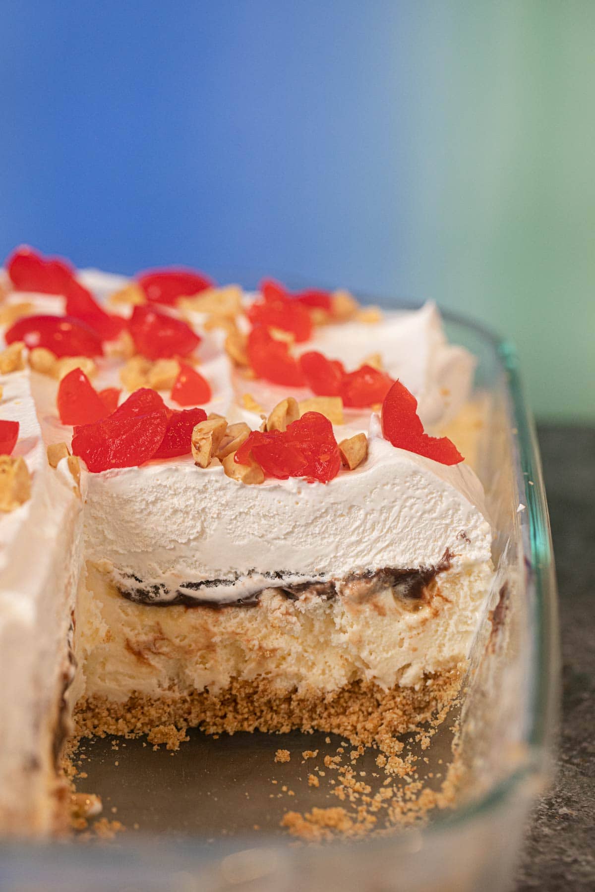 Ice Cream Sundae Casserole cross-section in baking dish