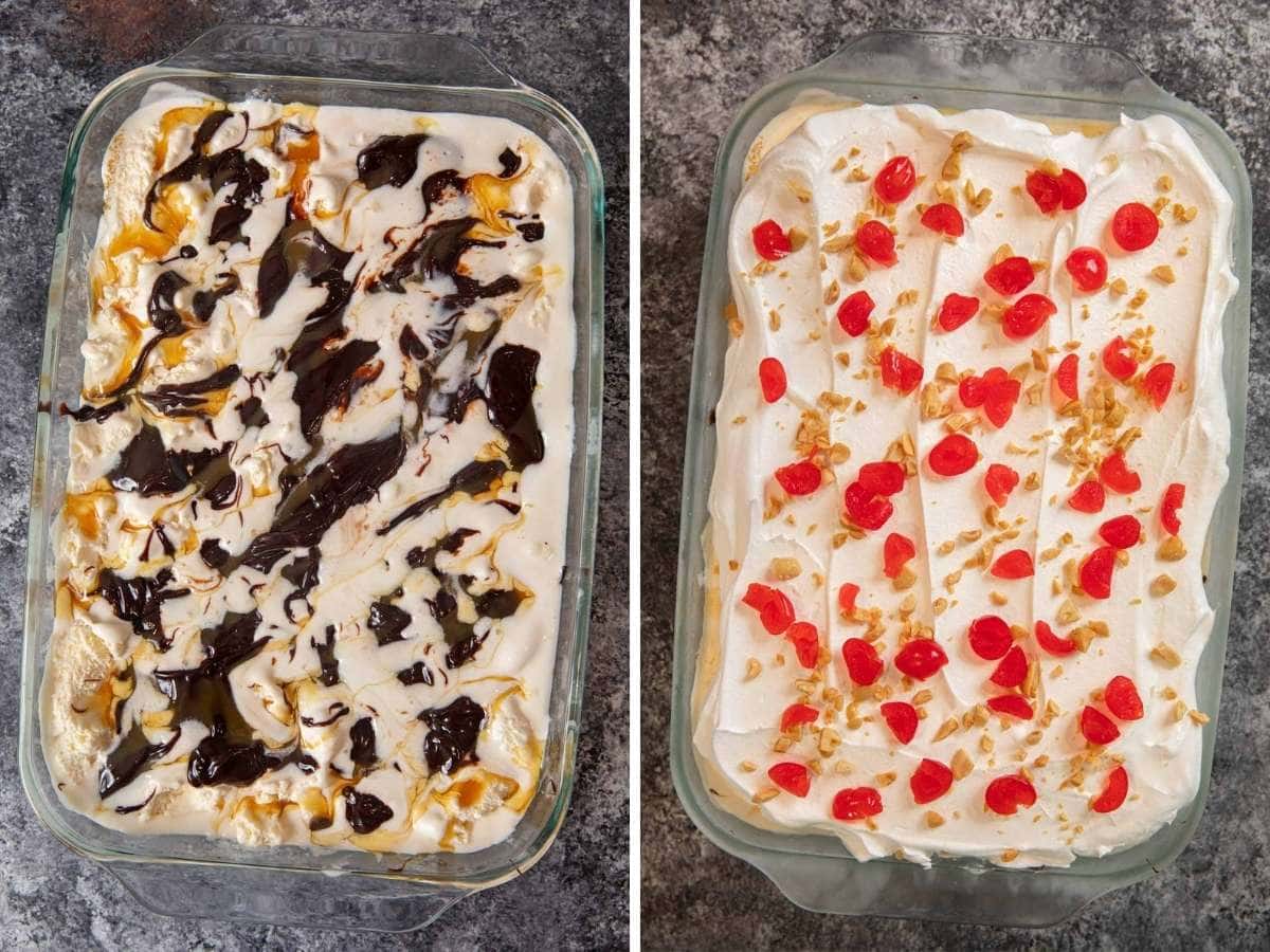 Ice Cream Sundae Casserole collage of ice cream mixed with chocolate and caramel with whipped cream topping with maraschino cherries and chopped peanuts