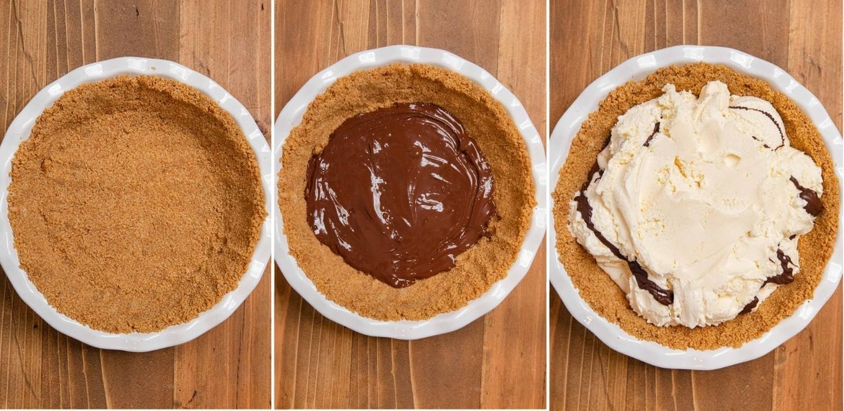 trio of Ice Cream Sundae Pie prep steps