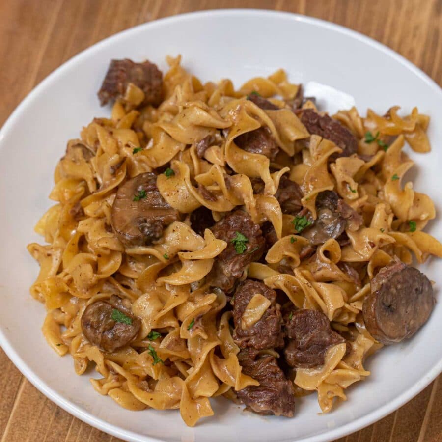 Instant Pot Beef Stroganoff serving on plate