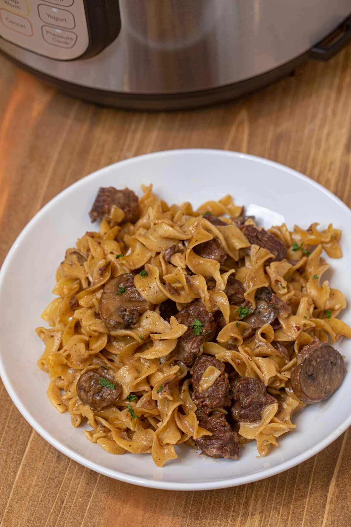 Instant Pot Beef Stroganoff serving on plate