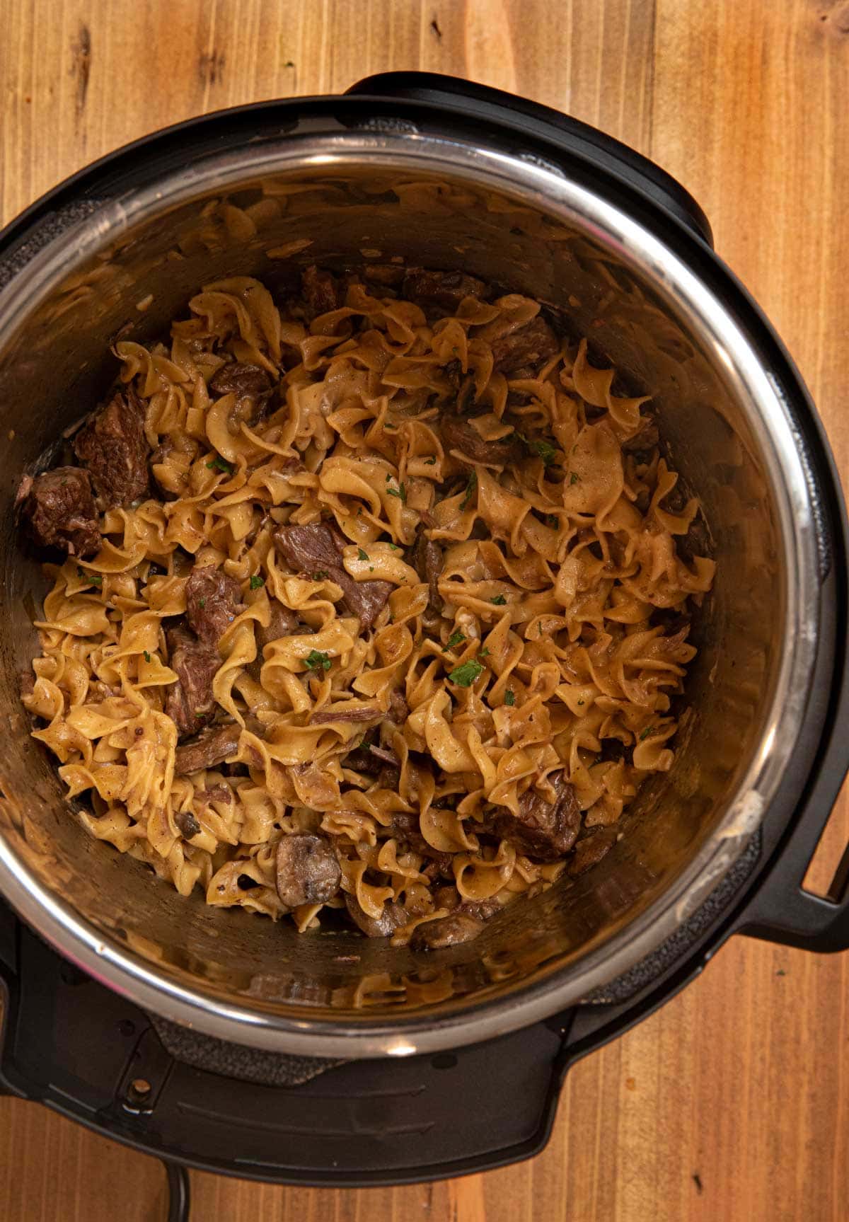 Instant Pot Beef Stroganoff in pressure cooker