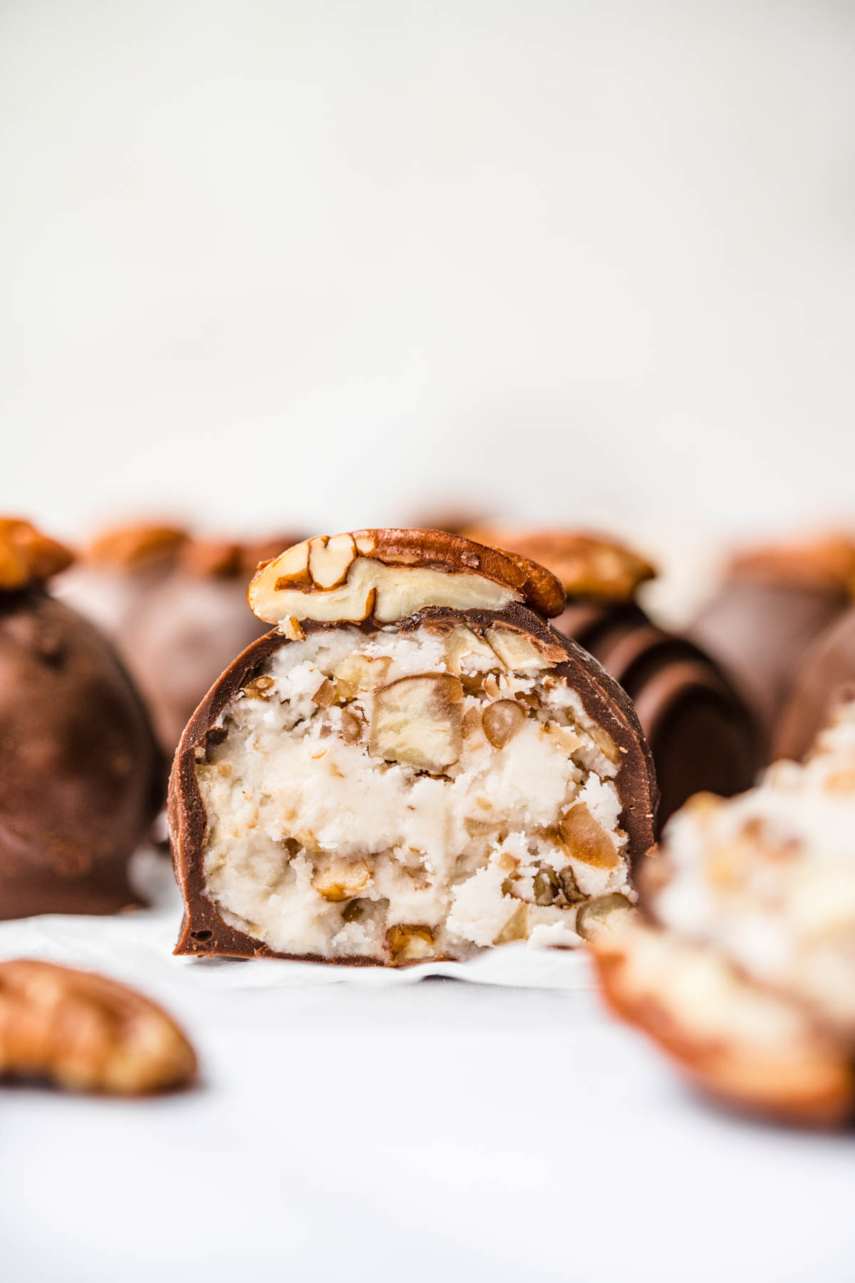 Kentucky Bourbon Balls cut in half side view