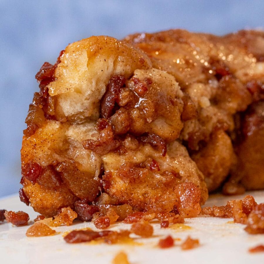 cross-section of Maple Bacon Monkey Bread on cake stand